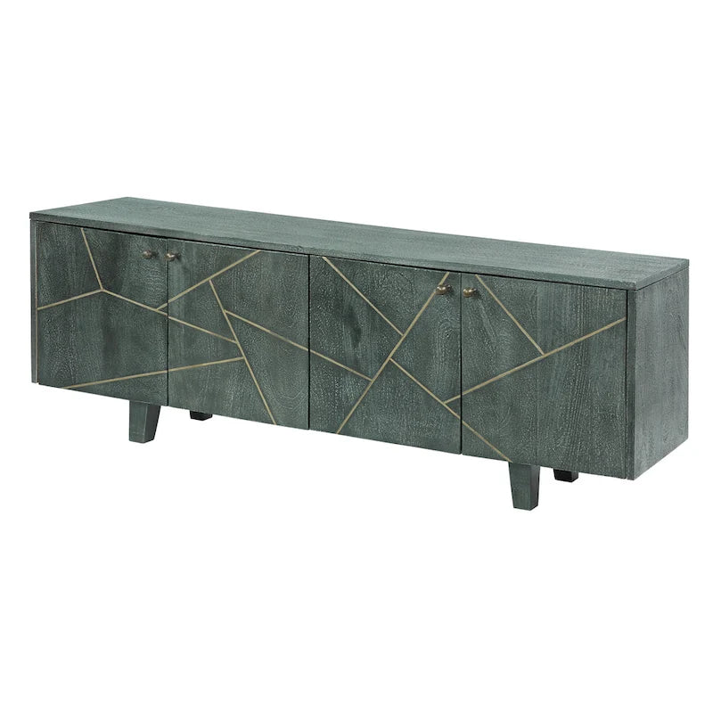 Grey Gold Mango Wood Sideboard 4 Door Geometric Pattern Mid Century Modern Cabinet