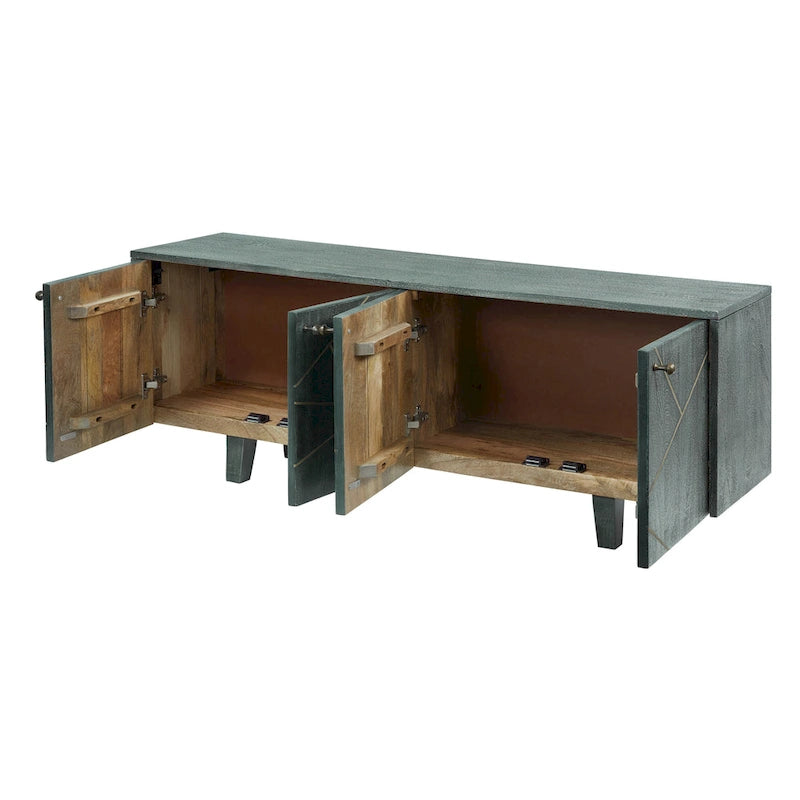 Grey Gold Mango Wood Sideboard 4 Door Geometric Pattern Mid Century Modern Cabinet