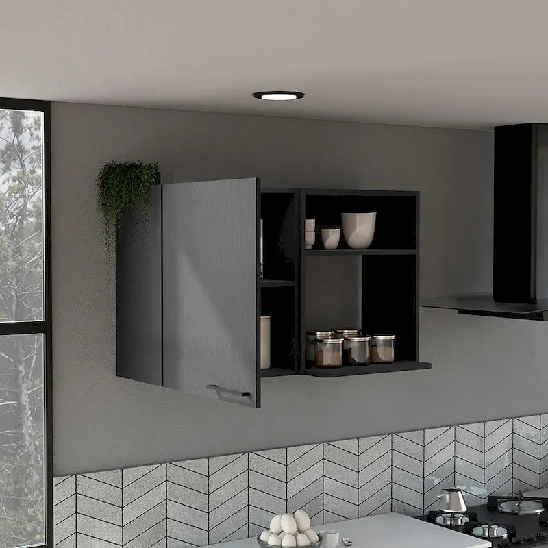 White Wall Mounted Kitchen Cabinet 1 Door 2 Open Shelves Black Handle Storage