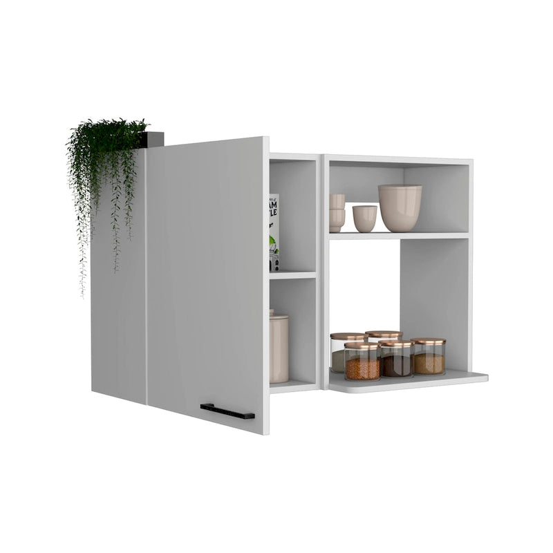 White Wall Mounted Kitchen Cabinet 1 Door 2 Open Shelves Black Handle Storage