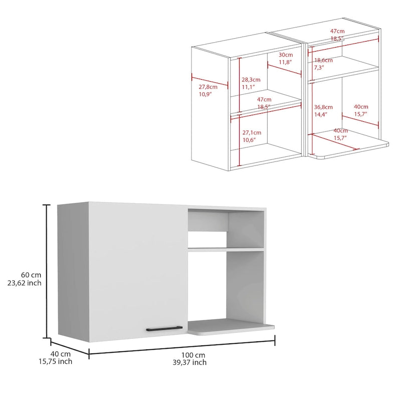 White Wall Mounted Kitchen Cabinet 1 Door 2 Open Shelves Black Handle Storage
