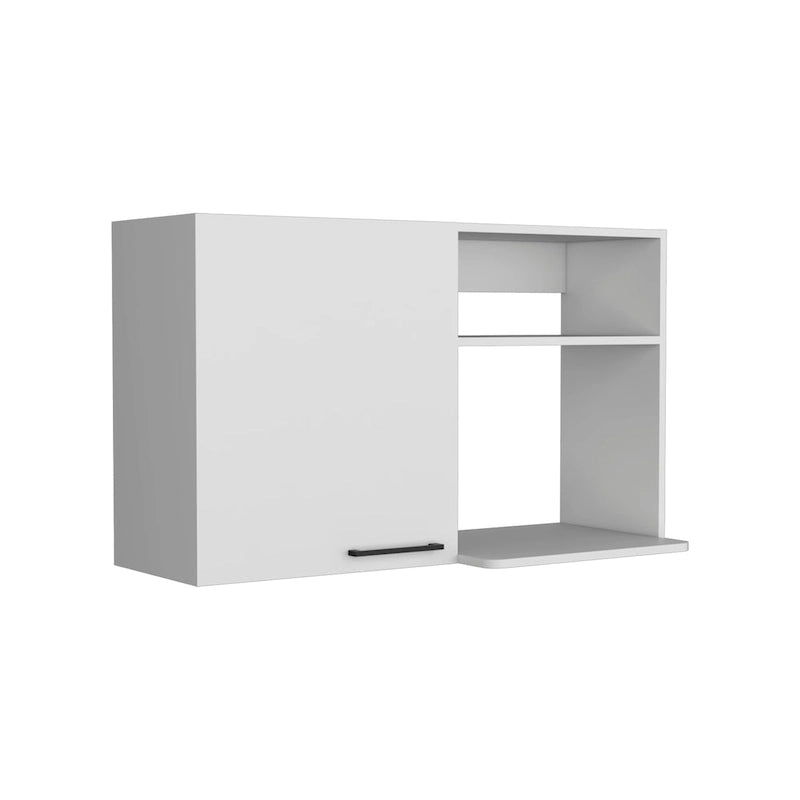 White Wall Mounted Kitchen Cabinet 1 Door 2 Open Shelves Black Handle Storage