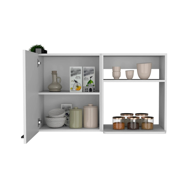 White Wall Mounted Kitchen Cabinet 1 Door 2 Open Shelves Black Handle Storage