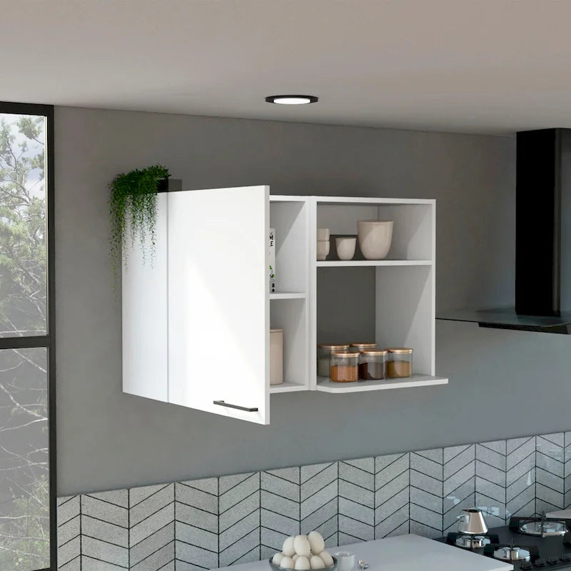 White Wall Mounted Kitchen Cabinet 1 Door 2 Open Shelves Black Handle Storage