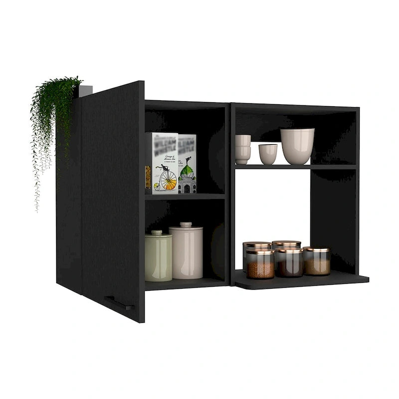 White Wall Mounted Kitchen Cabinet 1 Door 2 Open Shelves Black Handle Storage