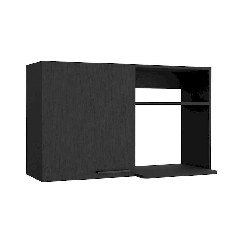 White Wall Mounted Kitchen Cabinet 1 Door 2 Open Shelves Black Handle Storage
