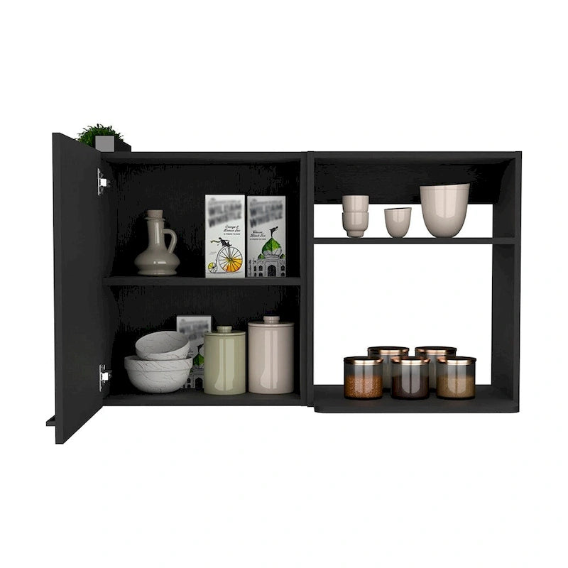 White Wall Mounted Kitchen Cabinet 1 Door 2 Open Shelves Black Handle Storage