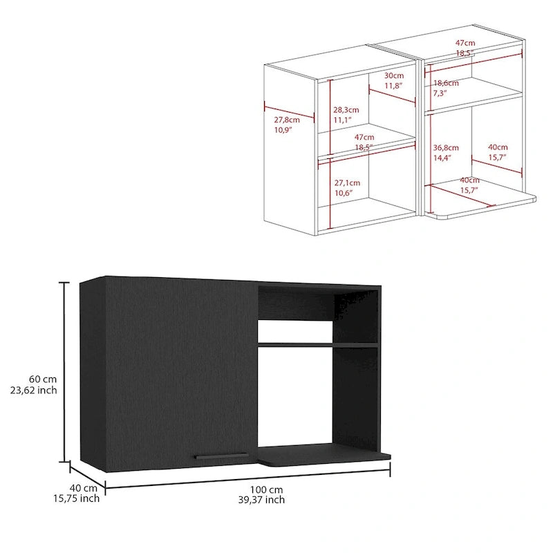 White Wall Mounted Kitchen Cabinet 1 Door 2 Open Shelves Black Handle Storage