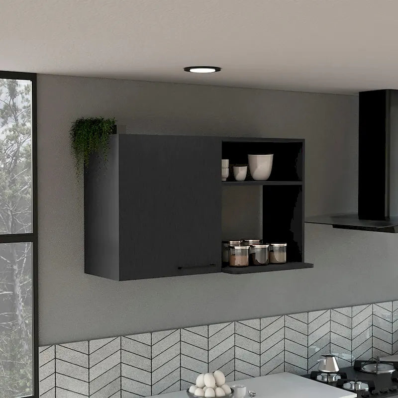 White Wall Mounted Kitchen Cabinet 1 Door 2 Open Shelves Black Handle Storage