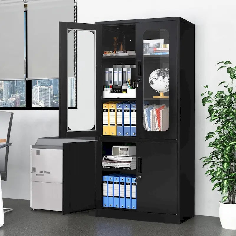 Tall Steel Storage Cabinet Glass Upper Doors Solid Lower Doors 5 Shelf 2 Locks Office