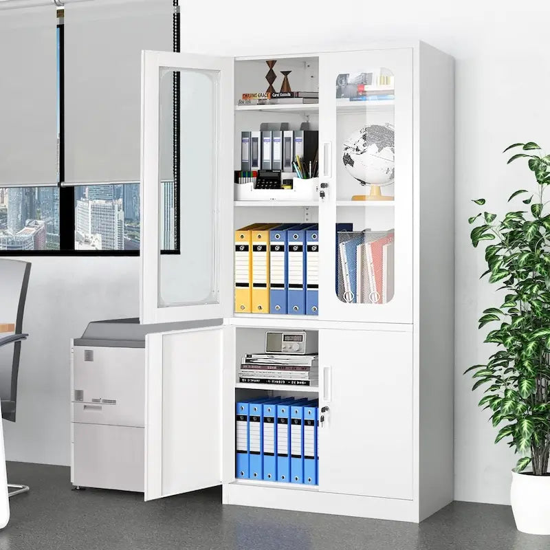 Tall Steel Storage Cabinet Glass Upper Doors Solid Lower Doors 5 Shelf 2 Locks Office