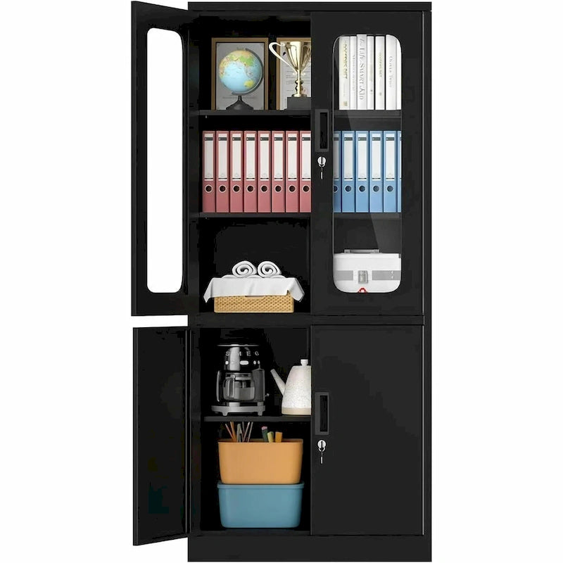 Tall Steel Storage Cabinet Glass Upper Doors Solid Lower Doors 5 Shelf 2 Locks Office