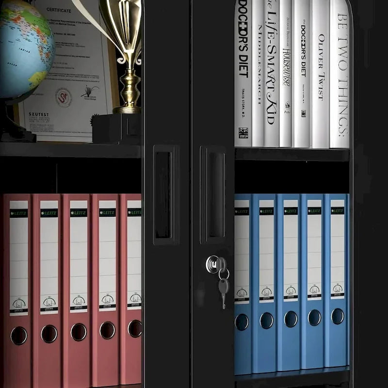 Tall Steel Storage Cabinet Glass Upper Doors Solid Lower Doors 5 Shelf 2 Locks Office