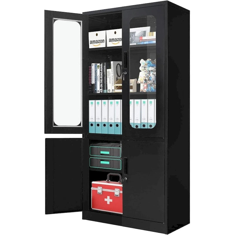 Tall Steel Storage Cabinet Glass Upper Doors Solid Lower Doors 5 Shelf 2 Locks Office