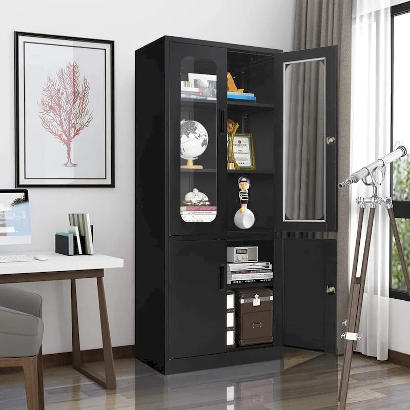 Tall Steel Storage Cabinet Glass Upper Doors Solid Lower Doors 5 Shelf 2 Locks Office