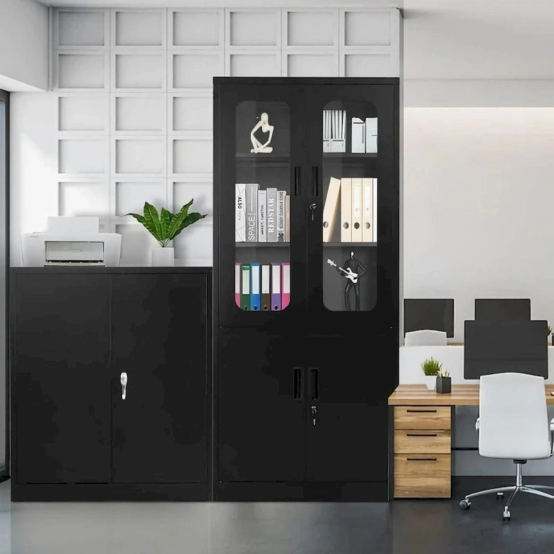 Tall Steel Storage Cabinet Glass Upper Doors Solid Lower Doors 5 Shelf 2 Locks Office