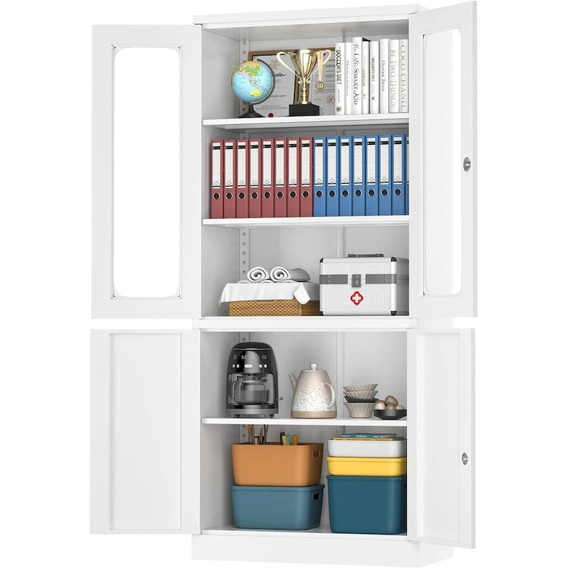 Tall Steel Storage Cabinet Glass Upper Doors Solid Lower Doors 5 Shelf 2 Locks Office