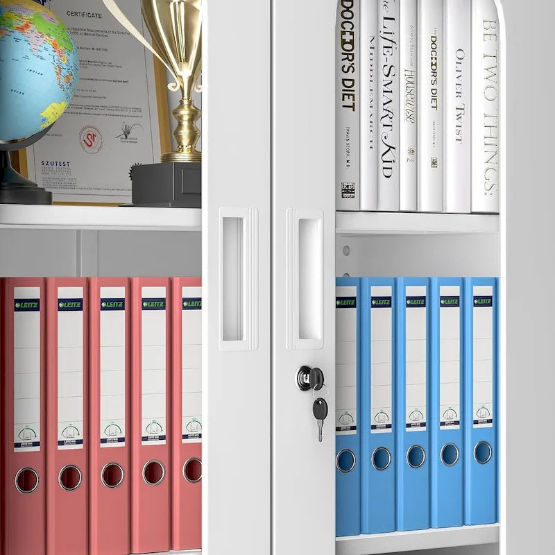Tall Steel Storage Cabinet Glass Upper Doors Solid Lower Doors 5 Shelf 2 Locks Office