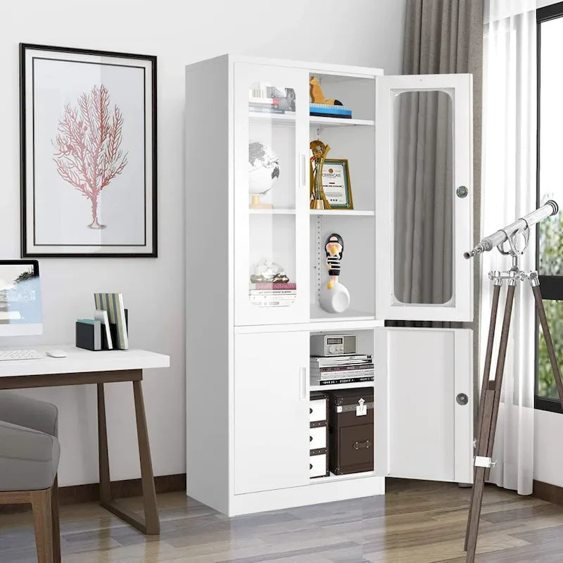 Tall Steel Storage Cabinet Glass Upper Doors Solid Lower Doors 5 Shelf 2 Locks Office