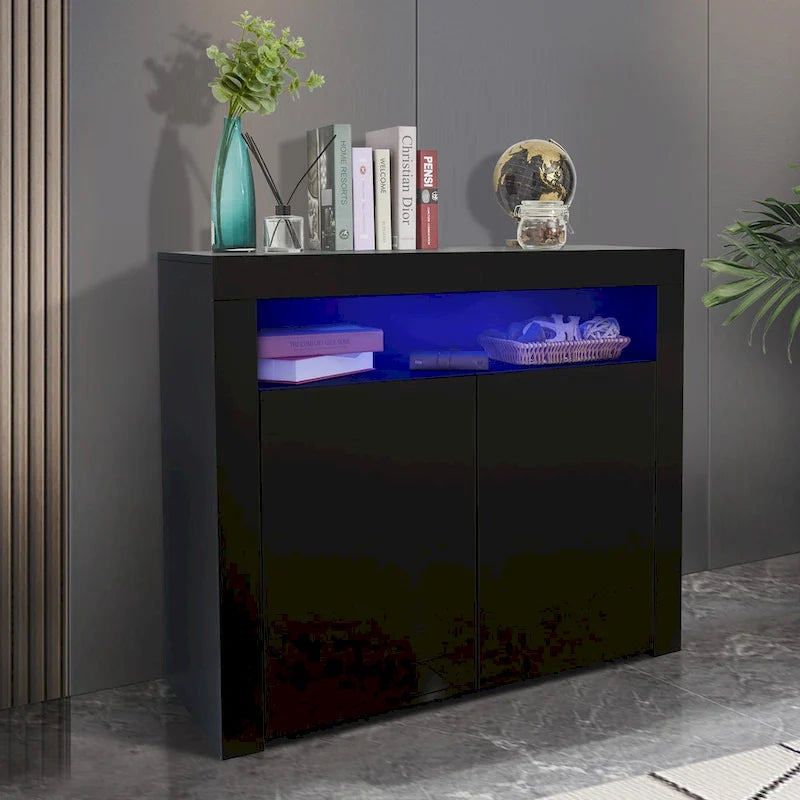 High Gloss Sideboard LED Backlit Open Display Shelf 2 Door Cabinet Remote Color Change
