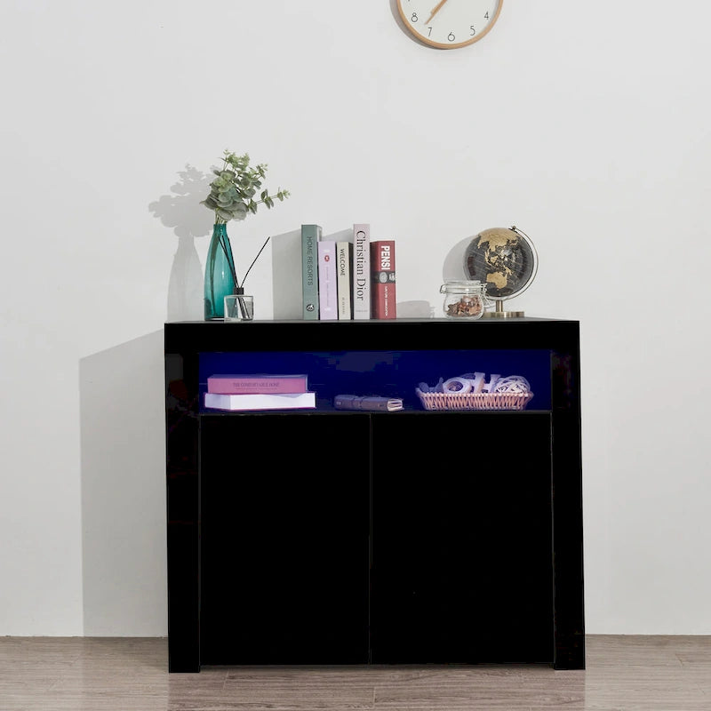 High Gloss Sideboard LED Backlit Open Display Shelf 2 Door Cabinet Remote Color Change