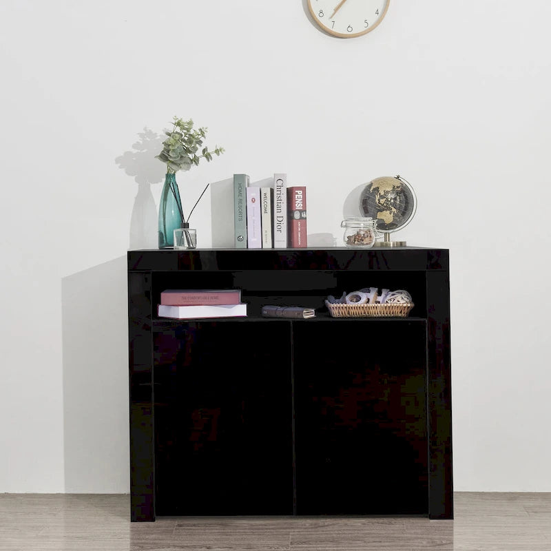 High Gloss Sideboard LED Backlit Open Display Shelf 2 Door Cabinet Remote Color Change