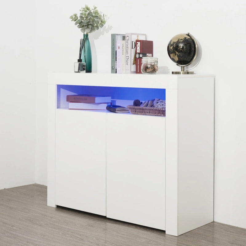 High Gloss Sideboard LED Backlit Open Display Shelf 2 Door Cabinet Remote Color Change