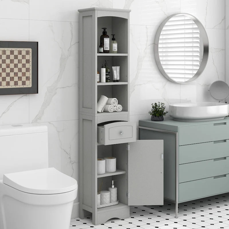 Slim Tall Bathroom Cabinet 3 Open Shelves Drawer Single Door Arched Top Anti-Tip MDF