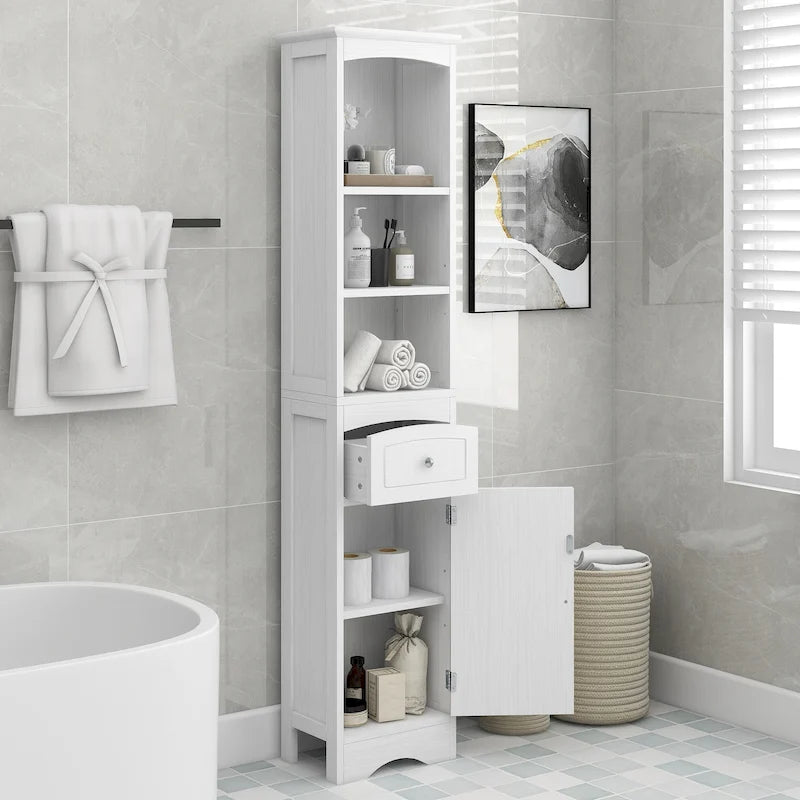 Slim Tall Bathroom Cabinet 3 Open Shelves Drawer Single Door Arched Top Anti-Tip MDF