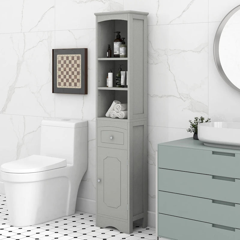 Slim Tall Bathroom Cabinet 3 Open Shelves Drawer Single Door Arched Top Anti-Tip MDF