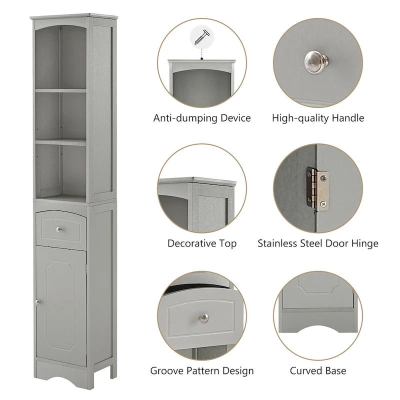 Slim Tall Bathroom Cabinet 3 Open Shelves Drawer Single Door Arched Top Anti-Tip MDF