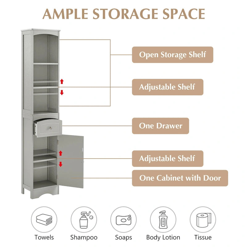 Slim Tall Bathroom Cabinet 3 Open Shelves Drawer Single Door Arched Top Anti-Tip MDF