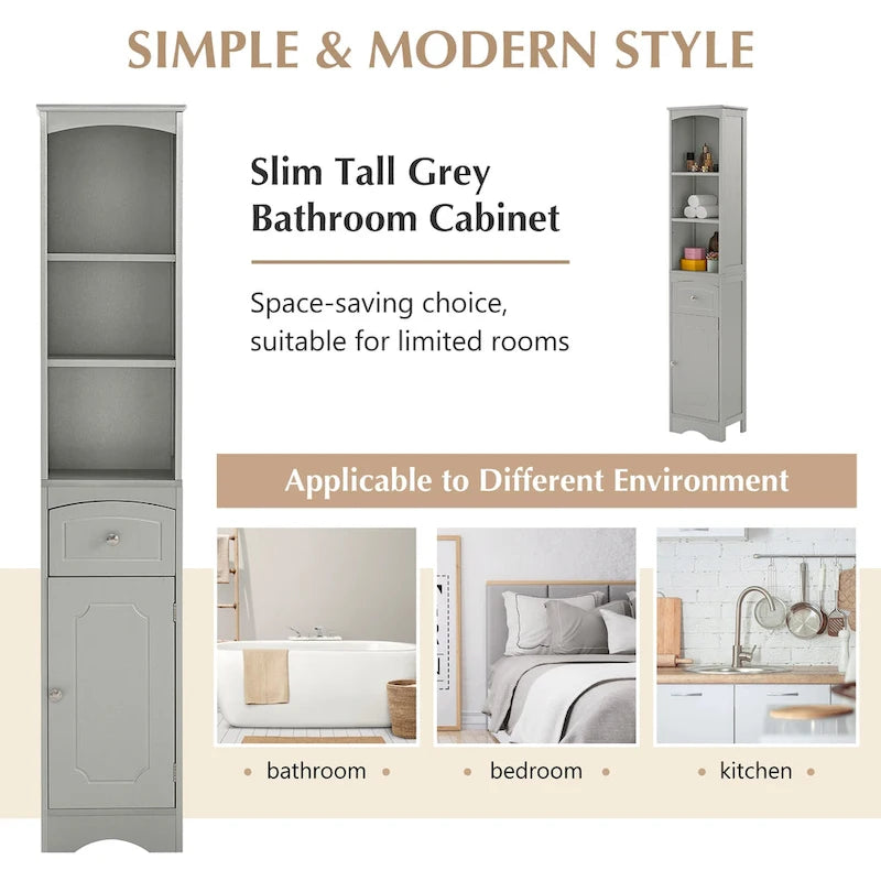 Slim Tall Bathroom Cabinet 3 Open Shelves Drawer Single Door Arched Top Anti-Tip MDF