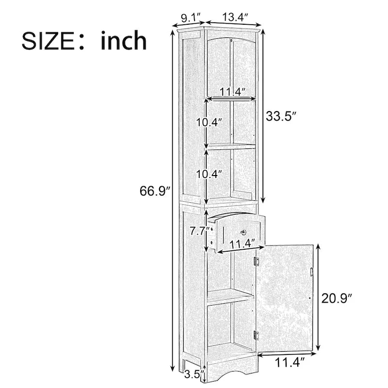 Slim Tall Bathroom Cabinet 3 Open Shelves Drawer Single Door Arched Top Anti-Tip MDF