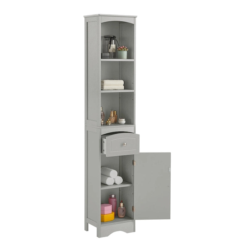 Slim Tall Bathroom Cabinet 3 Open Shelves Drawer Single Door Arched Top Anti-Tip MDF