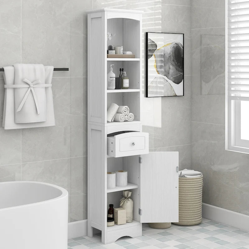Slim Tall Bathroom Cabinet 3 Open Shelves Drawer Single Door Arched Top Anti-Tip MDF
