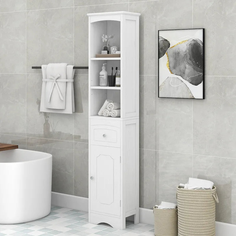 Slim Tall Bathroom Cabinet 3 Open Shelves Drawer Single Door Arched Top Anti-Tip MDF