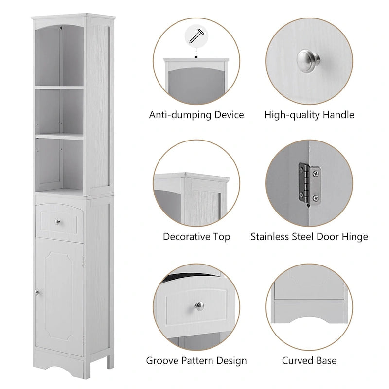 Slim Tall Bathroom Cabinet 3 Open Shelves Drawer Single Door Arched Top Anti-Tip MDF