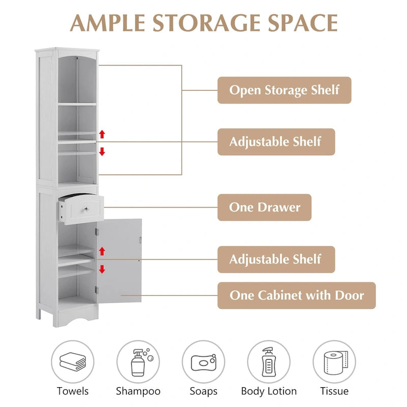 Slim Tall Bathroom Cabinet 3 Open Shelves Drawer Single Door Arched Top Anti-Tip MDF