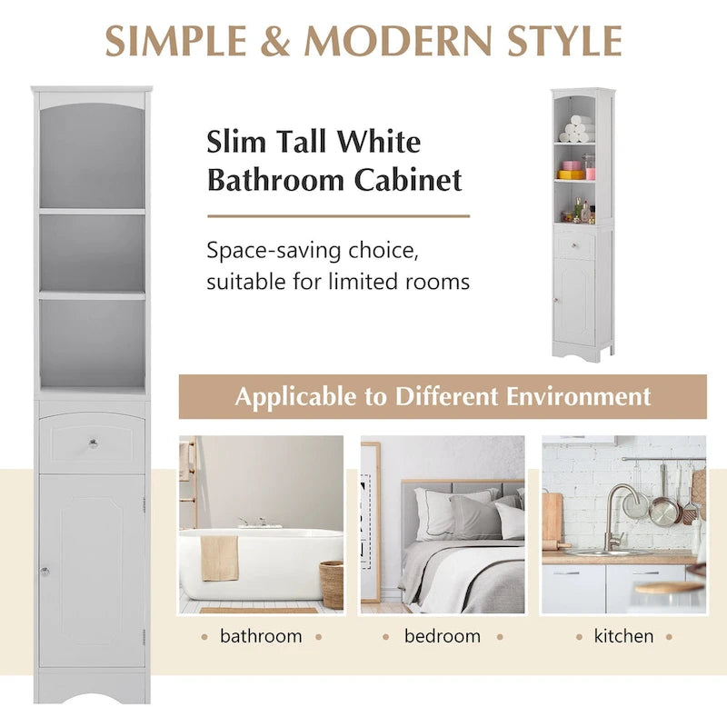 Slim Tall Bathroom Cabinet 3 Open Shelves Drawer Single Door Arched Top Anti-Tip MDF