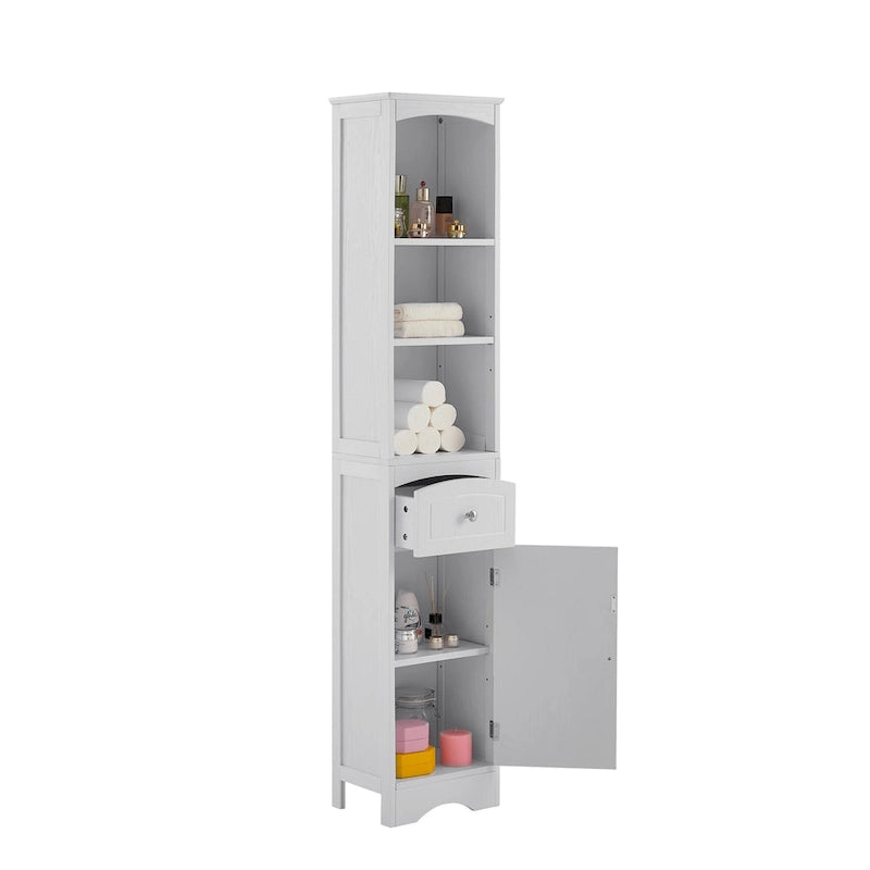 Slim Tall Bathroom Cabinet 3 Open Shelves Drawer Single Door Arched Top Anti-Tip MDF