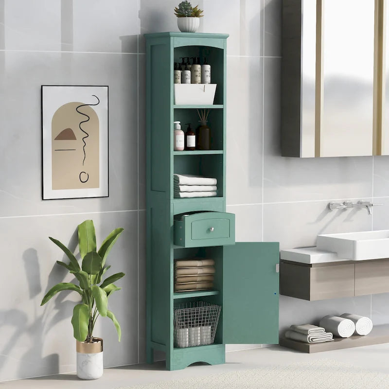 Slim Tall Bathroom Cabinet 3 Open Shelves Drawer Single Door Arched Top Anti-Tip MDF