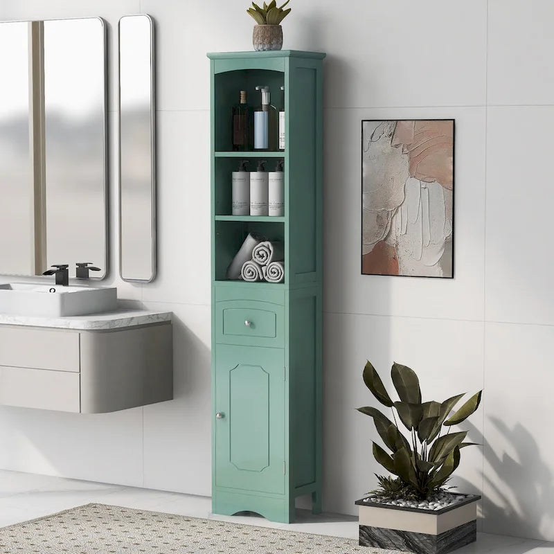 Slim Tall Bathroom Cabinet 3 Open Shelves Drawer Single Door Arched Top Anti-Tip MDF