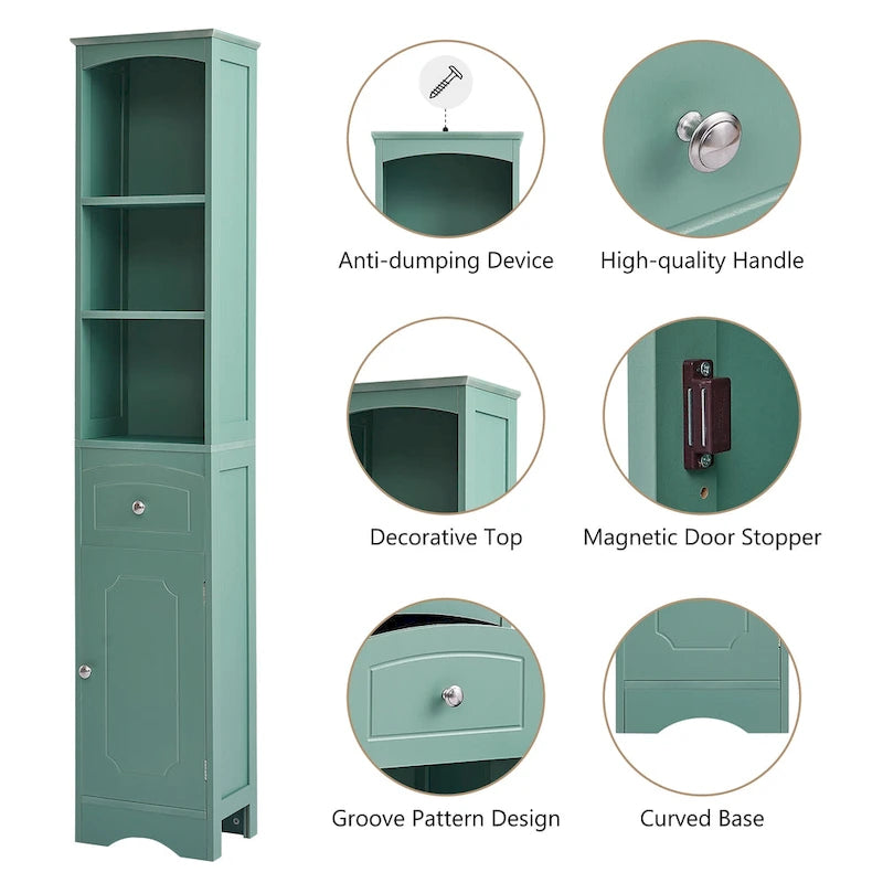 Slim Tall Bathroom Cabinet 3 Open Shelves Drawer Single Door Arched Top Anti-Tip MDF