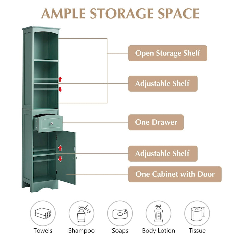 Slim Tall Bathroom Cabinet 3 Open Shelves Drawer Single Door Arched Top Anti-Tip MDF