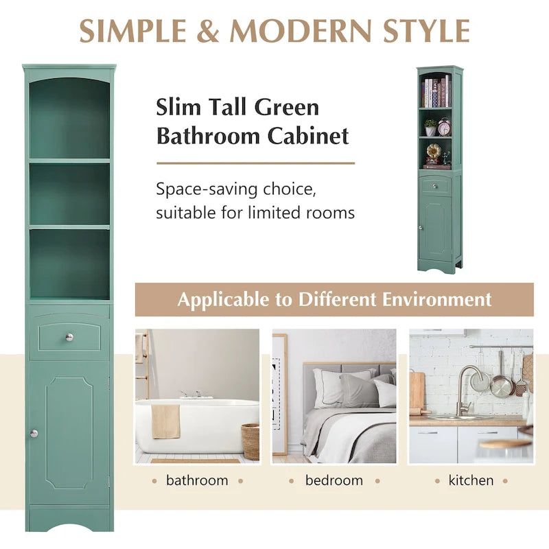 Slim Tall Bathroom Cabinet 3 Open Shelves Drawer Single Door Arched Top Anti-Tip MDF