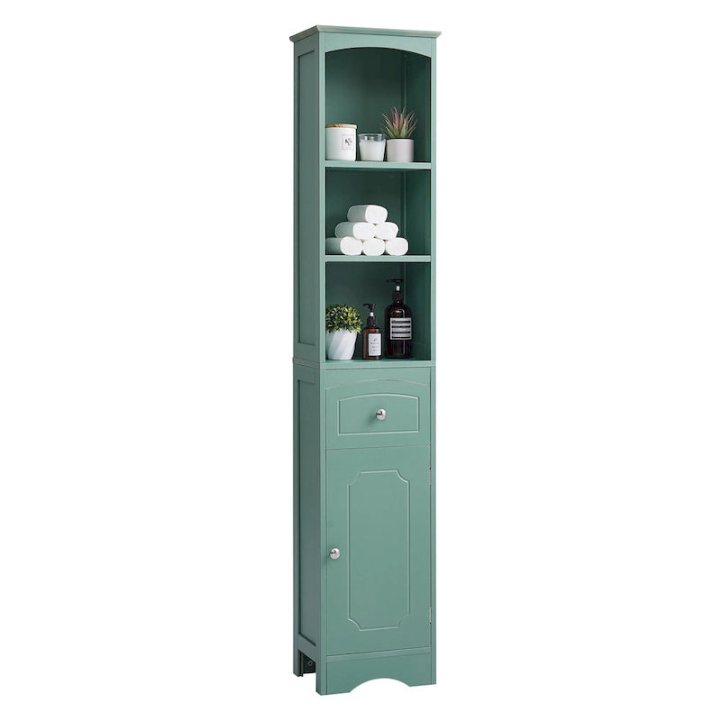 Slim Tall Bathroom Cabinet 3 Open Shelves Drawer Single Door Arched Top Anti-Tip MDF