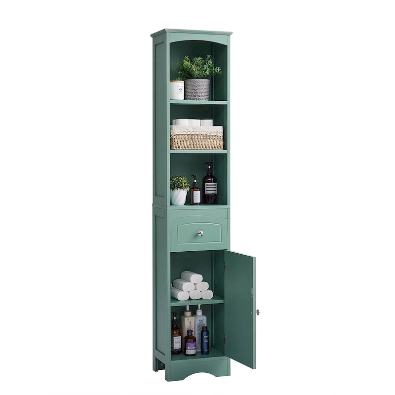 Slim Tall Bathroom Cabinet 3 Open Shelves Drawer Single Door Arched Top Anti-Tip MDF
