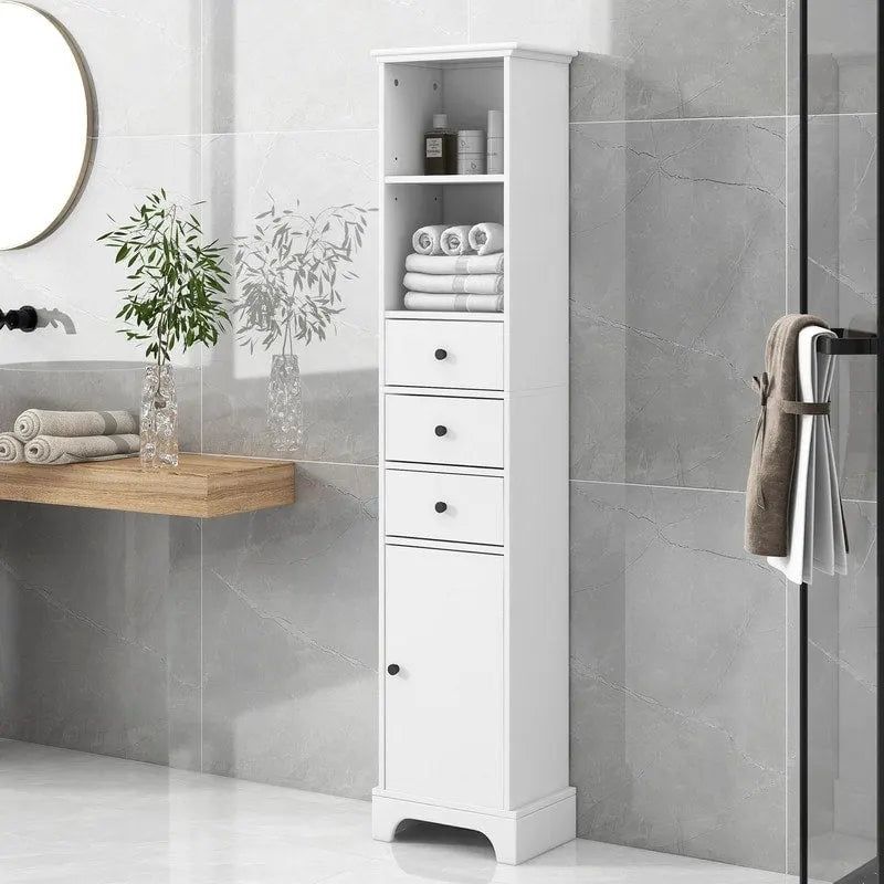 White Tall Freestanding Bathroom Cabinet 3 Drawers Open Shelves Door MDF Storage