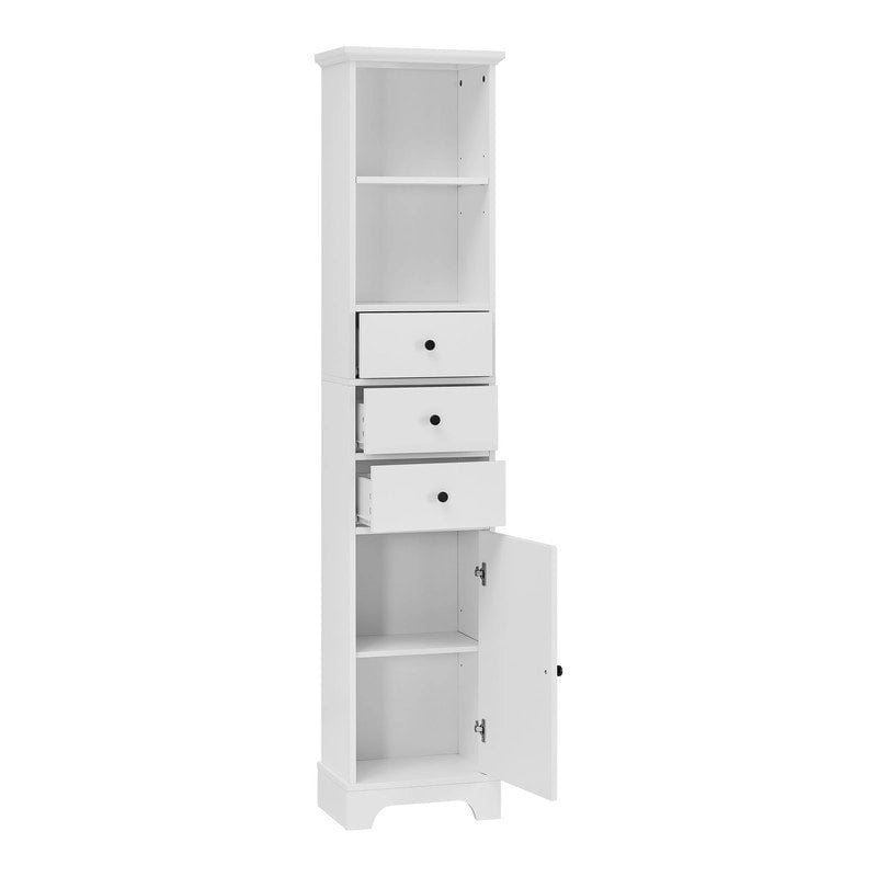 White Tall Freestanding Bathroom Cabinet 3 Drawers Open Shelves Door MDF Storage